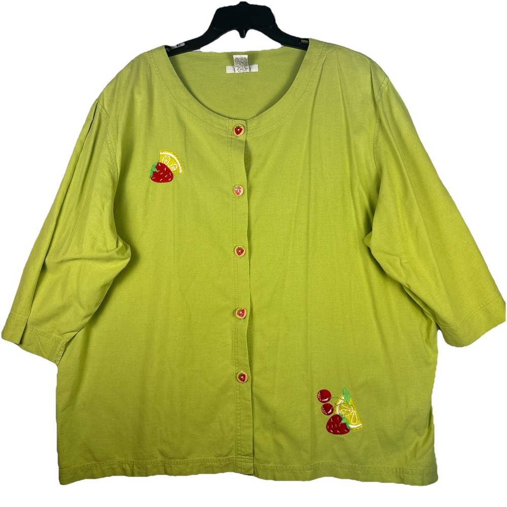 Vtg Natalie & me Women's Lime Green Tunic 3X Embroidery Button Cherry Strawberry